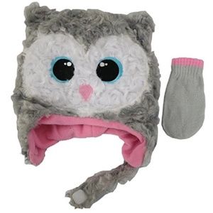 Girls Gray & Pink Owl Hat & Mittens Set Size 0-6 Months NWT